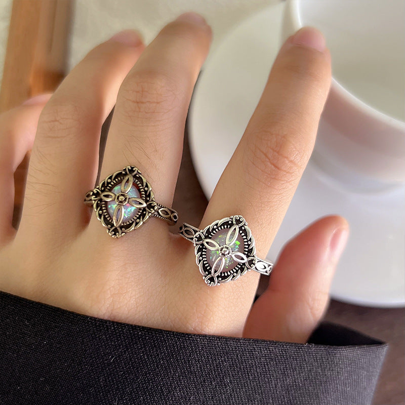 Retro Flower Rhombus Gemstone 925 Sterling Silver Ring Women's Bronze Stylish High-End Open Thai Silver Ring