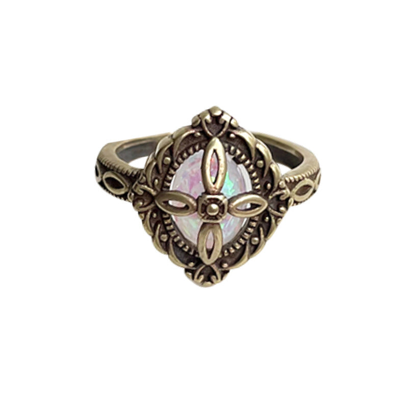 Retro Flower Rhombus Gemstone 925 Sterling Silver Ring Women's Bronze Stylish High-End Open Thai Silver Ring